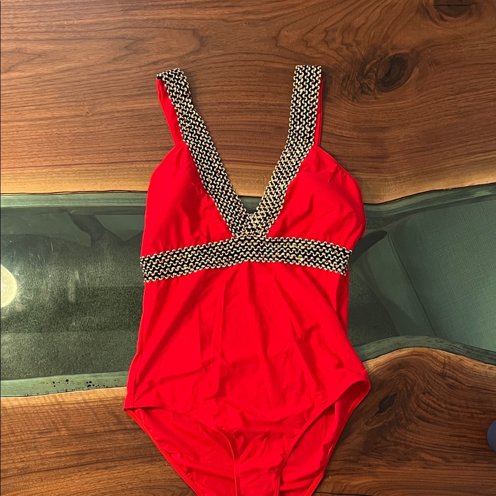 Red One-Piece Swimsuit with Braided Trim